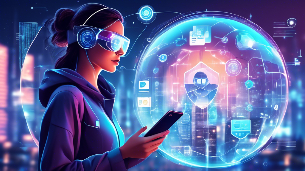 Create a digital illustration showcasing futuristic technology concepts that symbolize boosting online privacy in 2023. Include elements such as a person wearing augmented reality glasses, a holographic shield with a lock icon, and a network of interconnected devices enveloped in a protective digital bubble. The background should reflect a modern urban environment with hints of advanced technology visible through transparent screens and digital billboards. Use a color palette that conveys security and trust, with blues, greens, and metallic accents.