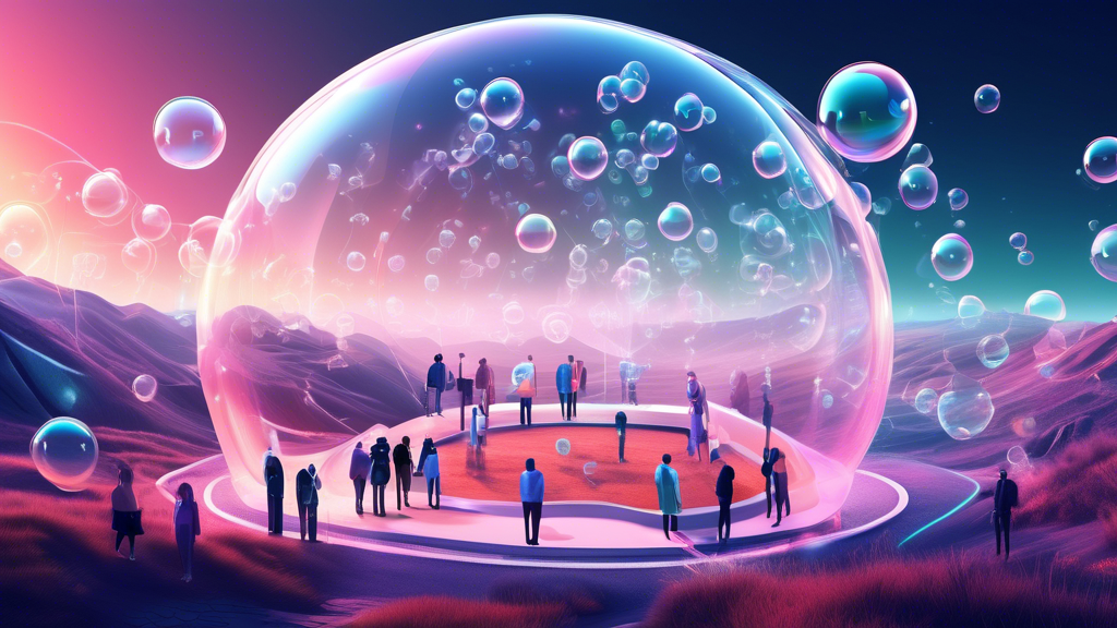 Create an image depicting a futuristic digital landscape where privacy is visually represented as a secure and serene bubble surrounding users' personal data. The scene should include a diverse group of people interacting with technology, such as smartphones and computers, within this privacy bubble. The digital landscape should be vibrant and innovative, with elements like abstract data streams and cybersecurity symbols subtly integrated into the background to symbolize enhanced consumer online privacy.