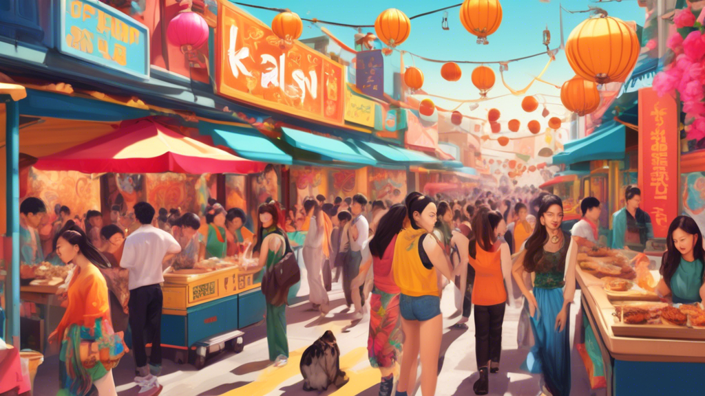 Create an image depicting a vibrant and immersive scene that captures the essence of Cal Oppa, a cultural phenomenon blending California lifestyle with Asian pop influence. Imagine a bustling street fair in a sunny California city, showcasing an eclectic mix of street vendors selling fusion cuisine, colorful K-pop-inspired fashion, and vibrant street art. Include diverse, cheerful crowds enjoying interactive performances, music, and dance, with palm trees and modern skyscrapers in the backdrop. Emphasize a celebration of multicultural convergence and the dynamic influence of Cal Oppa on local culture.