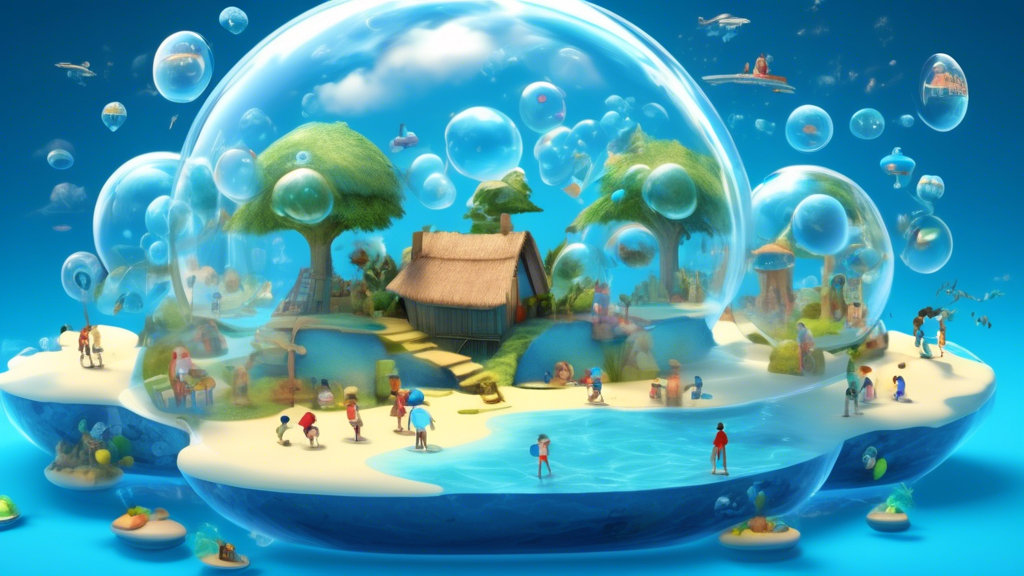 Create an image depicting a digital landscape with various online platforms and websites represented as small islands. On these islands, there are animated characters resembling children playing safely within a protected bubble. Surrounding the islands are friendly-looking digital guardians, symbolizing COPPA, watching over the children to ensure their privacy and safety. The scene has a warm, educational ambiance to convey the importance of online privacy for children.