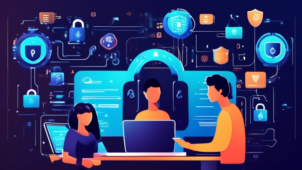 Create an image that visually represents the concept of data privacy in online learning. The scene should feature a diverse group of students interacting with their digital devices in a virtual classroom setting. In the background, incorporate symbols of cybersecurity such as padlocks, shields, and encrypted codes to emphasize the protection of student information. The overall tone should be positive and futuristic, highlighting the importance of safeguarding personal data while embracing the benefits of technology in education.