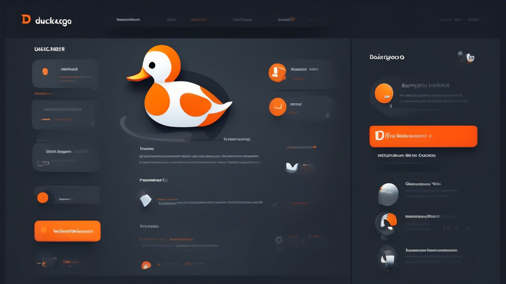 Create an illustration of a futuristic, sleek web browser interface with a prominent duck theme, representing DuckDuckGo. The design should include elements like a duck icon as the main logo, privacy-focused features highlighted, such as shields or locks, and an emphasis on simplicity and user-friendliness. The background should have subtle elements of digital networks or data streams, emphasizing the browser's focus on privacy and security. The color palette should be sleek and modern, using tones that suggest trust and innovation.