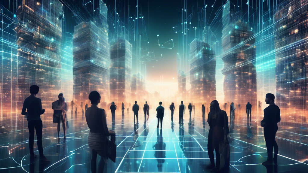 Create an image depicting a digital landscape that symbolizes data privacy in online data collection. Imagine a futuristic city made of glowing data streams and binary codes, with prominent structures like padlocks and keys woven into the architecture. Include diverse abstract human figures interacting with transparent digital consoles, representing the responsible handling and sharing of personal data in a secure online environment. The sky above should be filled with swirling patterns of encrypted data clouds, emphasizing the theme of protection and privacy.