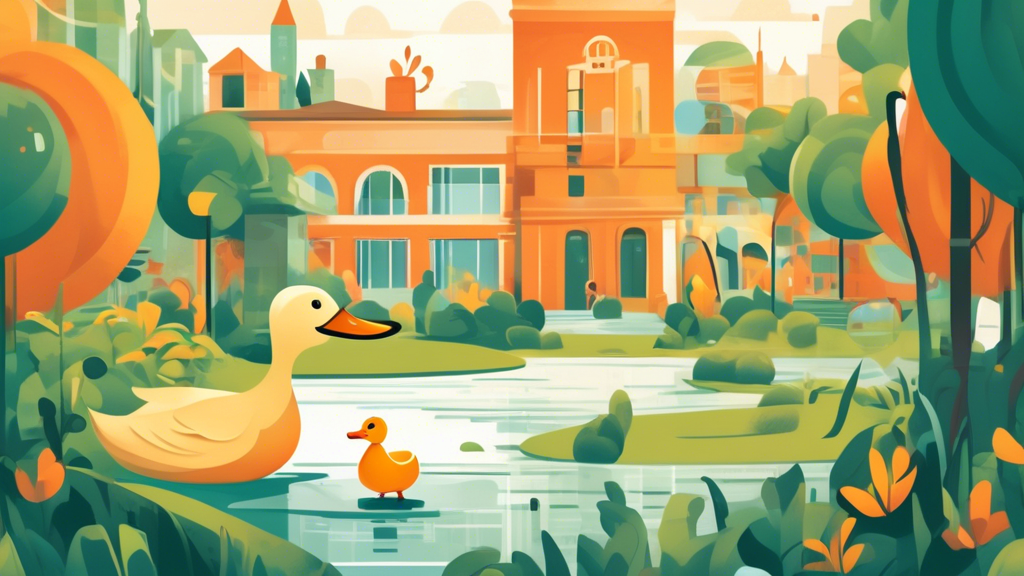 Create an illustration of a digital landscape where a duck is guiding users through a serene, safe, and colorful web environment. The duck, symbolizing DuckDuckGo, is wearing a magnifying glass as a monocle, helping users discover information amidst lush privacy gardens and towering confidence-buildings. Include symbolic representations of online safety and privacy, such as locks and shields, in the background. The scene should evoke a sense of tranquility and security in online searching, with playful and engaging elements throughout.