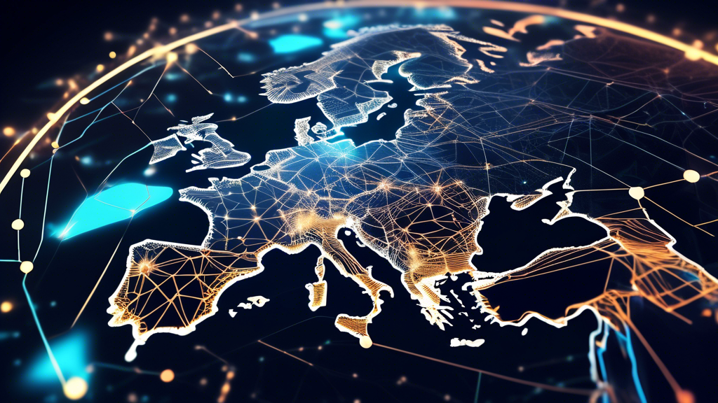 Create an image depicting a futuristic, digital map of Europe with glowing lines and interconnected nodes representing data flows. Each country is adorned with its flag and symbols of cybersecurity, such as padlocks and shields. Overlay the map with abstract elements that symbolize internet privacy, like a transparent digital shield encompassing the continent. Include icons representing different aspects of data protection, like secure servers, binary codes, and fingerprint scans, to convey the complexity and importance of internet privacy regulations in Europe.