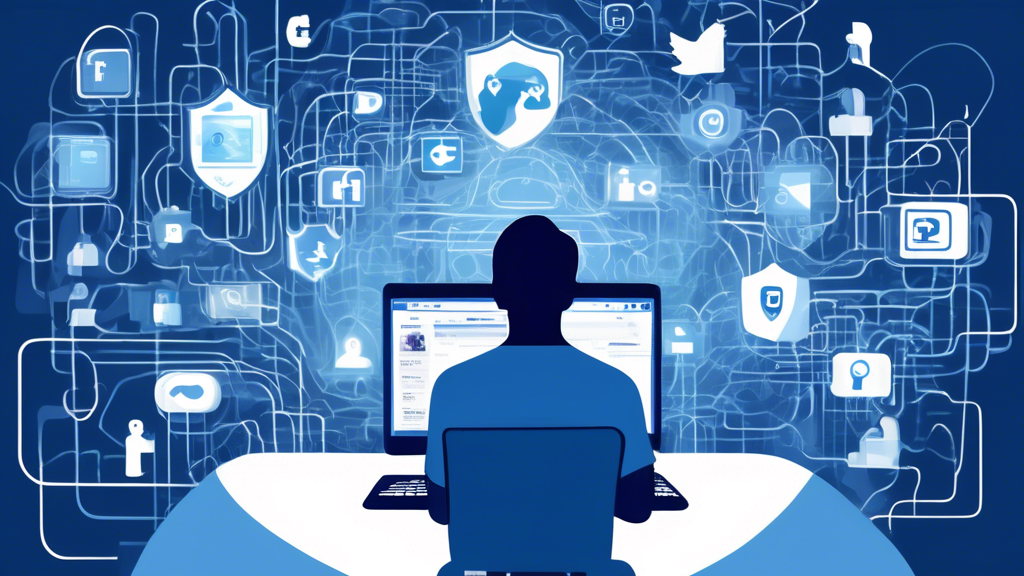 Create an image illustrating a digital landscape with a person on a computer in the foreground, surrounded by symbolic representations of privacy controls and social media elements like locks, shields, and Facebook logos, all set against a backdrop of interconnected lines representing the internet. The scene should convey the concept of navigating online privacy in the context of using Facebook.