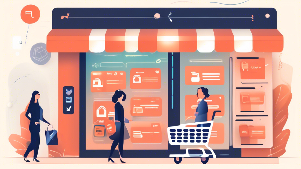 Create an image of a virtual storefront with various online elements like shopping carts and a 'Buy Now' button, overlaid with icons and text highlighting key privacy policy elements such as 'Data Encryption,' 'User Consent,' 'Information Use,' 'Third-Party Sharing,' and 'Contact Information.' Portray a professional and trustworthy ambiance, with a clear emphasis on secure transactions and data protection.