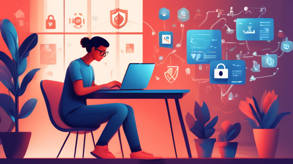 Create a digital illustration of a young person working on a laptop in a cozy home office. The person is surrounded by symbols of online privacy protection, including a shield, a lock, a VPN icon, and an antivirus software logo. The background features subtle elements like a secured Wi-Fi symbol and encrypted email icons. The overall mood is calm and focused, emphasizing the importance of being safe and secure in the digital world.