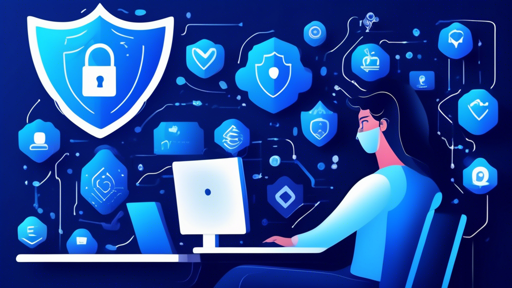 Create a digital illustration of a person confidently using their computer at home, surrounded by symbols of online security like shield icons, lock icons, and data encryption graphics. Include the DeleteMe by Abine logo prominently to emphasize the service. The background should be a gradient that conveys a sense of safety and privacy.