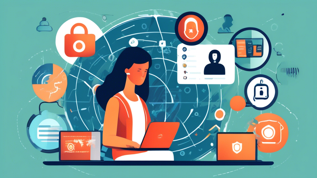 Create a detailed illustration showing various elements of maintaining online privacy. Include a person using a laptop with a calm expression, surrounded by icons representing password protection, VPN, encryption, firewalls, two-factor authentication, and privacy settings. In the background, depict a shield symbolizing security and a globe to represent the internet. The color scheme should convey a sense of safety and trust.