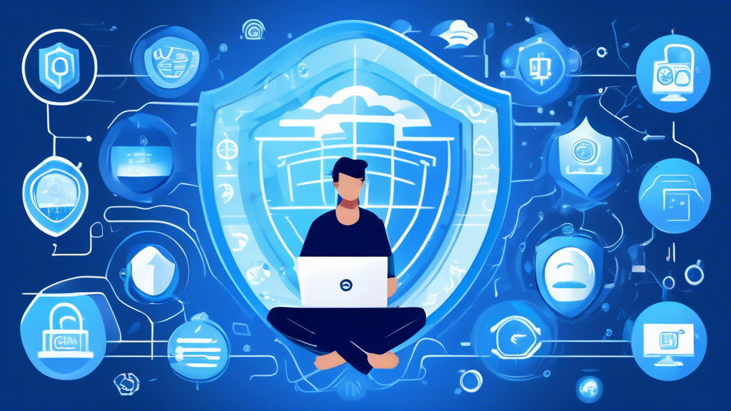 Create an image of a serene and secure digital landscape with a person using a laptop protected by a digital shield. The background features icons representing various elements of online privacy protection services, such as VPNs, encrypted messaging, password managers, and antivirus software. The setting should convey a sense of safety, technology, and peace of mind.