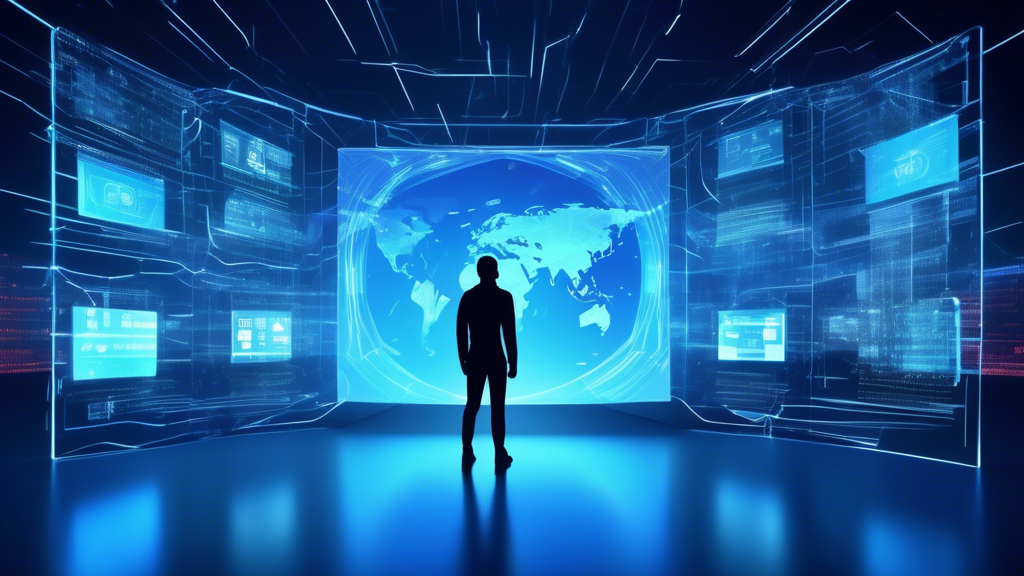 A futuristic digital landscape showcasing a user silhouetted against a vibrant holographic screen, engrossed in secure browsing. Emphasize privacy elements like shields, padlocks, and encrypted data flowing around. The scene should convey safety, security, and anonymity, with icons representing ad blocking, IP masking, and data encryption subtly integrated into the background.