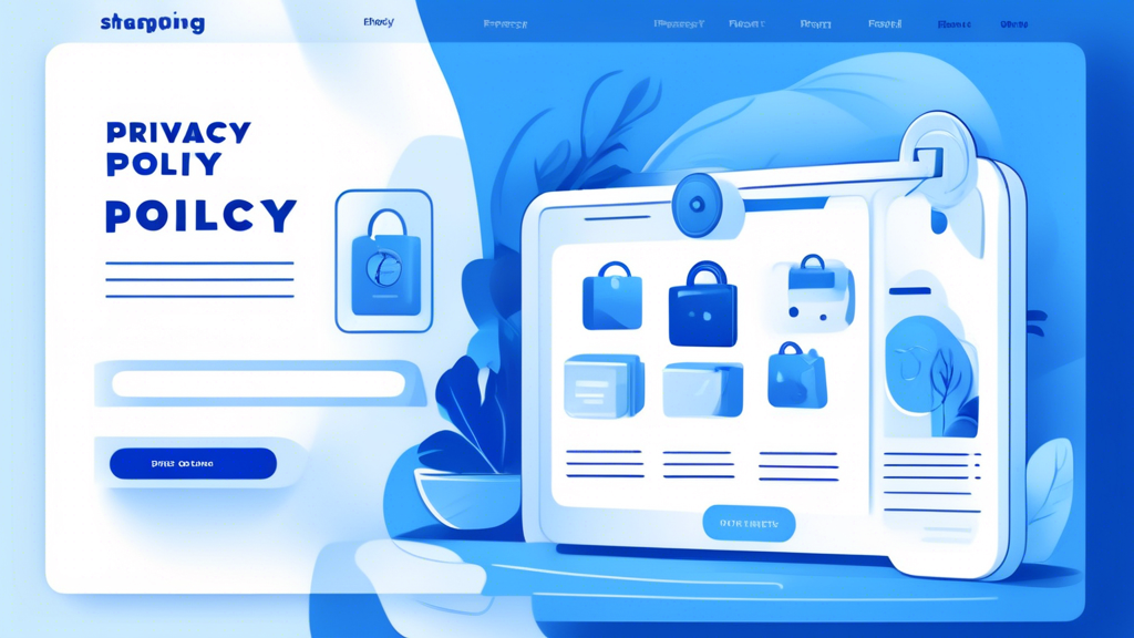 Create an illustration of an online store's privacy policy page on a website. The design should include elements such as a clean and modern layout, a lock icon symbolizing security, and sections for data collection, cookies, third-party sharing, and customer rights. The background should resemble a digital storefront with shopping carts and product icons.