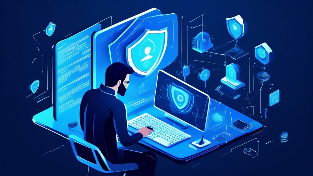 Create an image depicting the concept of online privacy and protecting one's digital footprint. Show a person working on a computer with a futuristic shield surrounding them, defending against various digital threats like hackers, spyware, and data breaches. Include icons representing secure browsing, encrypted communication, and digital security tools. The overall tone should convey safety, trust, and technological advancement.