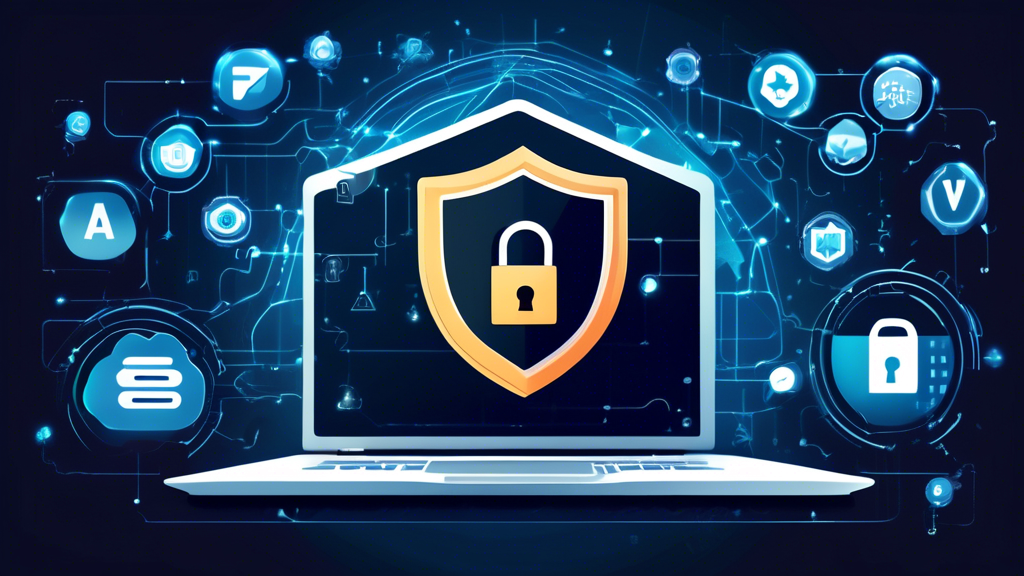 Create an image depicting a digital shield with a lock in front of a laptop screen, surrounded by icons representing different online privacy measures such as a VPN, strong passwords, two-factor authentication (2FA), and encrypted messaging. The background should show a blend of a futuristic network with data streams, symbolizing the interconnected digital world. The overall tone should convey security, protection, and advanced technology.