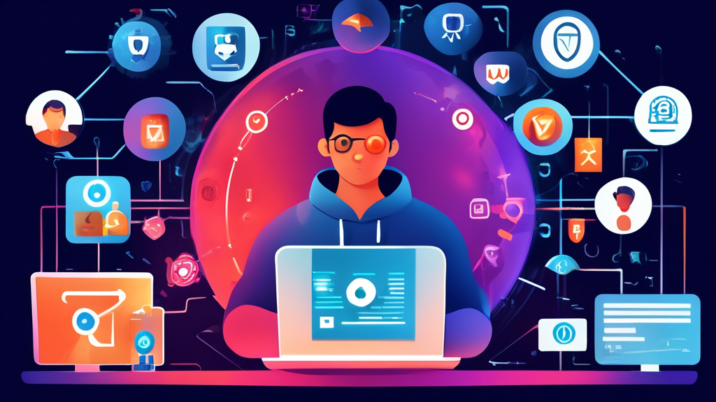 Create an image that vividly portrays various effective ways to protect personal data online. The scene should include a person using a laptop, surrounded by icons representing different cybersecurity measures such as strong passwords, VPN, two-factor authentication, antivirus software, and encrypted messages. The background should illustrate a digital environment with locks and shields symbolizing security. The overall mood should convey safety and trustworthiness.