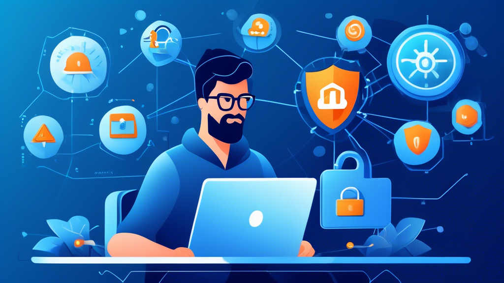 Create an image showing a person sitting at a desk using a laptop, with a shield icon and antivirus symbols on the screen, representing Avast Online Security & Privacy. Surround the scene with digital security elements like padlocks, encrypted data chains, and a virtual web of connections to illustrate the concept of online privacy and safety. The background should be a blend of calm blue tones to suggest trust and security.