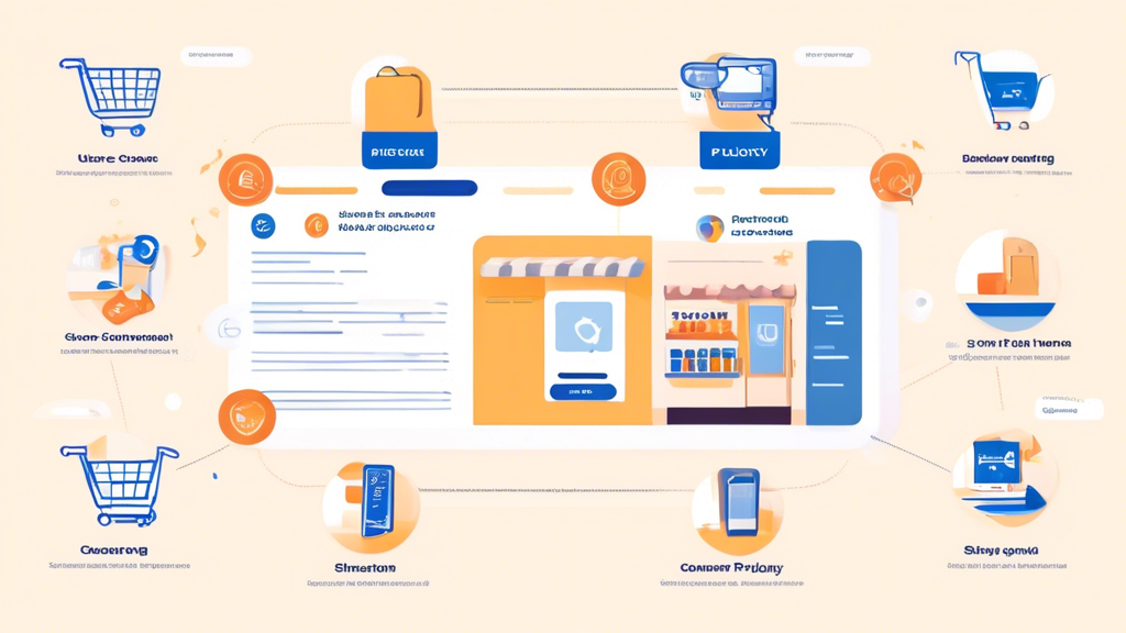 Create an image that depicts a detailed web page design of an online store's Privacy Policy section. The page should include various clearly labeled sections such as Information Collection, Use of Information, Data Security, Cookies, Third-Party Sharing, and Customer Rights. There should be icons representing data protection, user consent, and secure transactions. The background could include subtle images of shopping carts, online storefronts, and digital lock symbols to emphasize the e-commerce context.