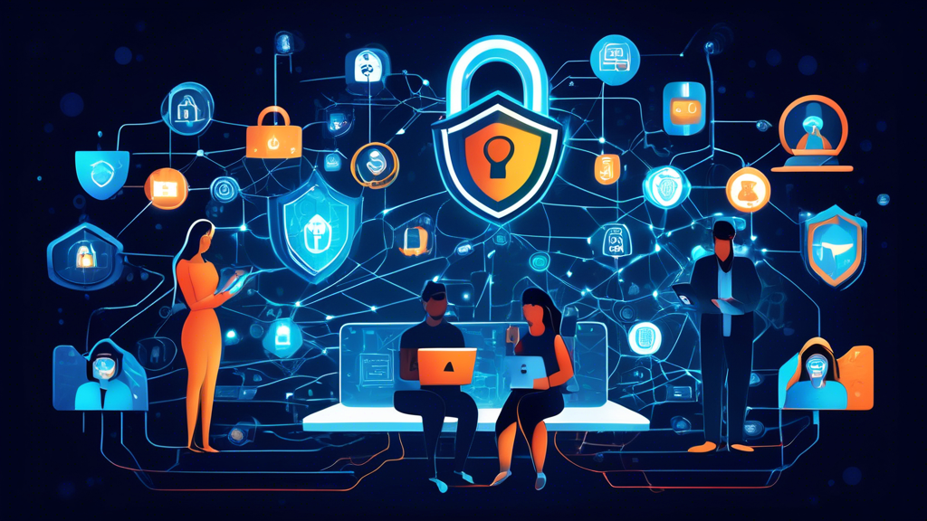 A high-quality, detailed illustration featuring a diverse group of people using various devices such as smartphones, laptops, and tablets. They are surrounded by icons representing digital security measures: padlocks, shields, fingerprint scanners, VPNs, and encrypted messages. The background shows a connected web of networks with glowing lines and a keyhole at the center, symbolizing protection and security. The scene is set in a modern, tech-savvy environment, emphasizing the importance of digital privacy and security.