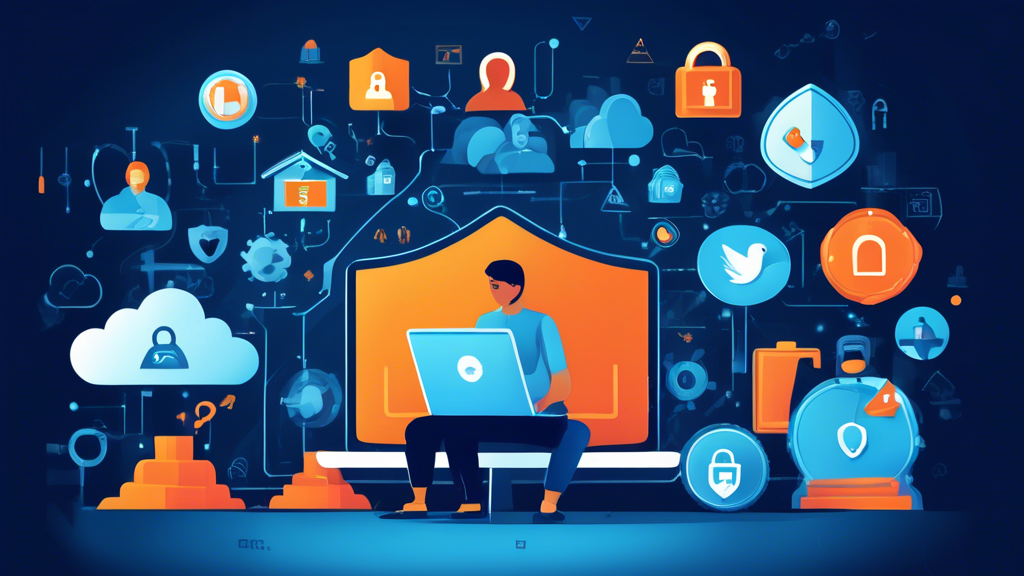 Create a digital illustration that conveys the theme of enhancing online privacy and security. The image should include a person working on a laptop, surrounded by various icons representing security measures such as a padlock, a shield, a VPN symbol, and two-factor authentication. In the background, depict a calm, secure atmosphere with elements like a digital fortress or secure cloud storage. The overall tone should be modern, clean, and tech-savvy, emphasizing the importance of safeguarding personal information in the digital age.