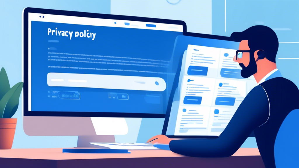 A modern website homepage with a clean design, displaying a section labeled 'Privacy Policy' being created. A person sits at a desk with a laptop showing the privacy policy text editor. Around them, digital icons representing security, privacy, and legal documents float, illustrating the process of creating a privacy policy. The scene should reflect professionalism, simplicity, and user-friendliness.