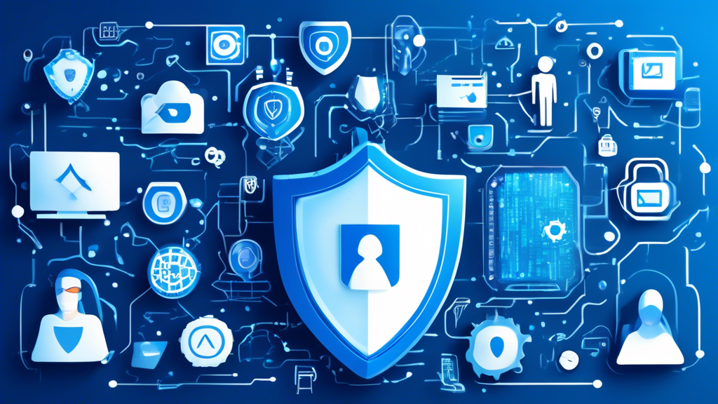 Create an image that depicts a digital shield made of various online privacy tools, such as VPNs, encryption symbols, secure browsers, and anonymizing icons, protecting a person who is using a computer. The background should feature a digital landscape with binary code and cybersecurity elements, highlighting the theme of protecting one's digital life.