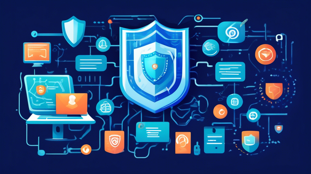 Create an image that showcases diverse strategies for online privacy. The image should include a computer screen with multiple elements such as encrypted messages, VPN symbols, two-factor authentication apps, password managers, a person using a fingerprint scanner, and a secure browser icon. Surround the screen with a shield symbol representing protection. The background should feature subtle circuitry patterns to signify technology, blending seamlessly with graphical representations of privacy and security techniques.