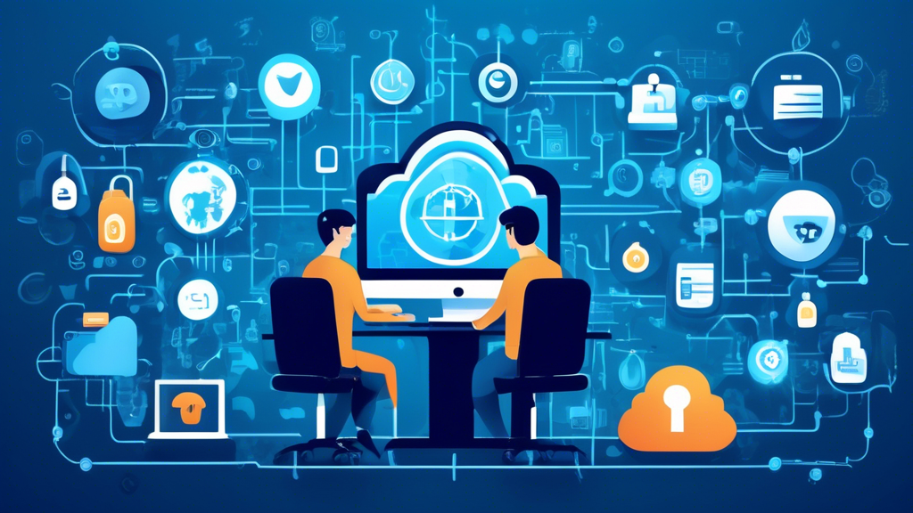 Create an image that visually represents Internet privacy protection strategies. Show a person at their computer surrounded by high-tech security measures. Include icons and symbols representing VPNs, strong passwords, two-factor authentication, encrypted messaging, firewall protection, and secure cloud storage. The background should convey a digitally secure environment, with padlock symbols and a sense of privacy.