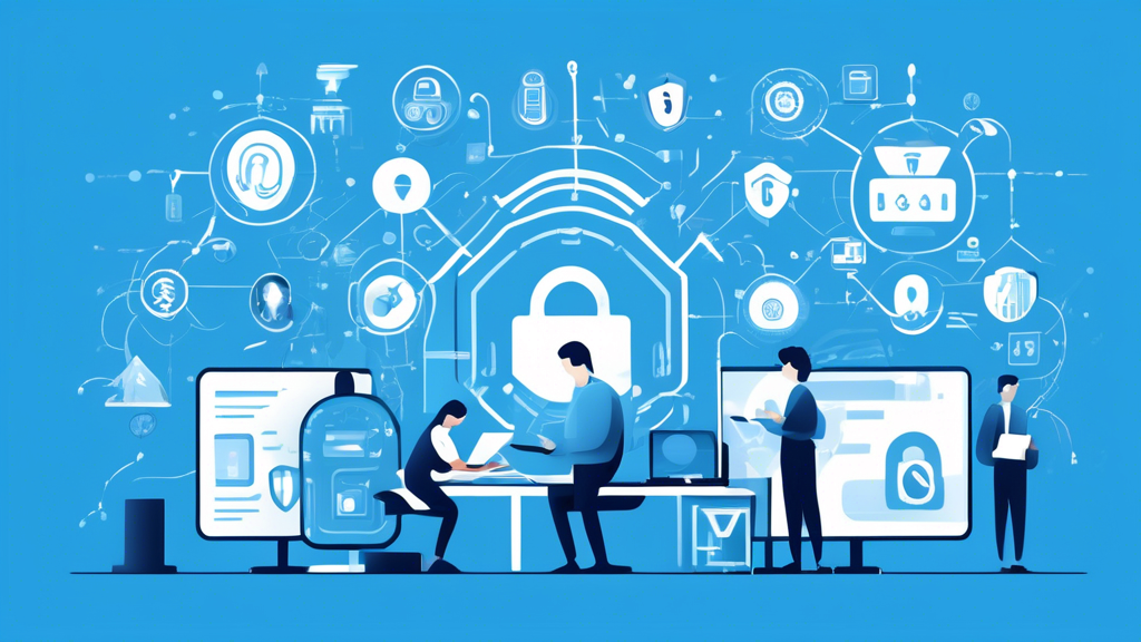 Create a digital illustration showing a person using multiple devices including a smartphone, tablet, and computer, all surrounded by icons representing cybersecurity measures like strong passwords, two-factor authentication, VPNs, and encryption. The background should include elements like a padlock, shield, and a secure network symbol to emphasize internet security and protection of personal information.