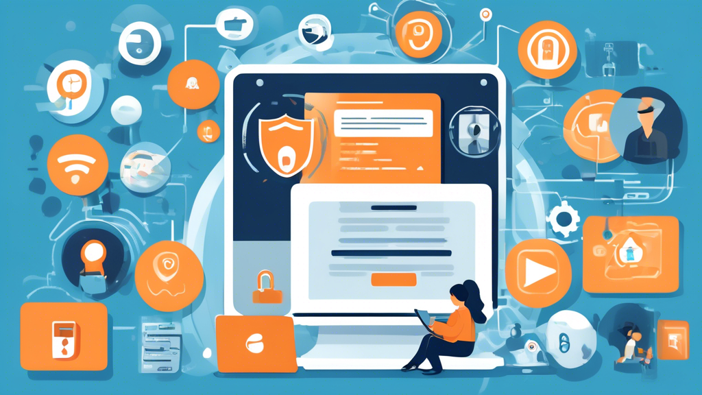 Create an image that illustrates the concept of online privacy protection, showcasing elements like a person using a computer with a lock symbol on the screen, a shield icon, encryption codes, and digital security features. Include visual representations of key tips such as secure passwords, two-factor authentication, and antivirus software. The overall aesthetic should be modern and tech-savvy, with vibrant colors and clean lines.