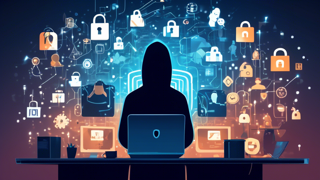 Create an image that illustrates the concept of online data privacy. The scene should show a person using a computer, surrounded by symbols of data protection such as padlocks, shields, and encrypted code. In the background, integrate subtle imagery of potential data breaches, such as shadowy figures or broken padlocks, to highlight the importance of security. The overall mood should convey a sense of vigilance and safeguarding personal information.