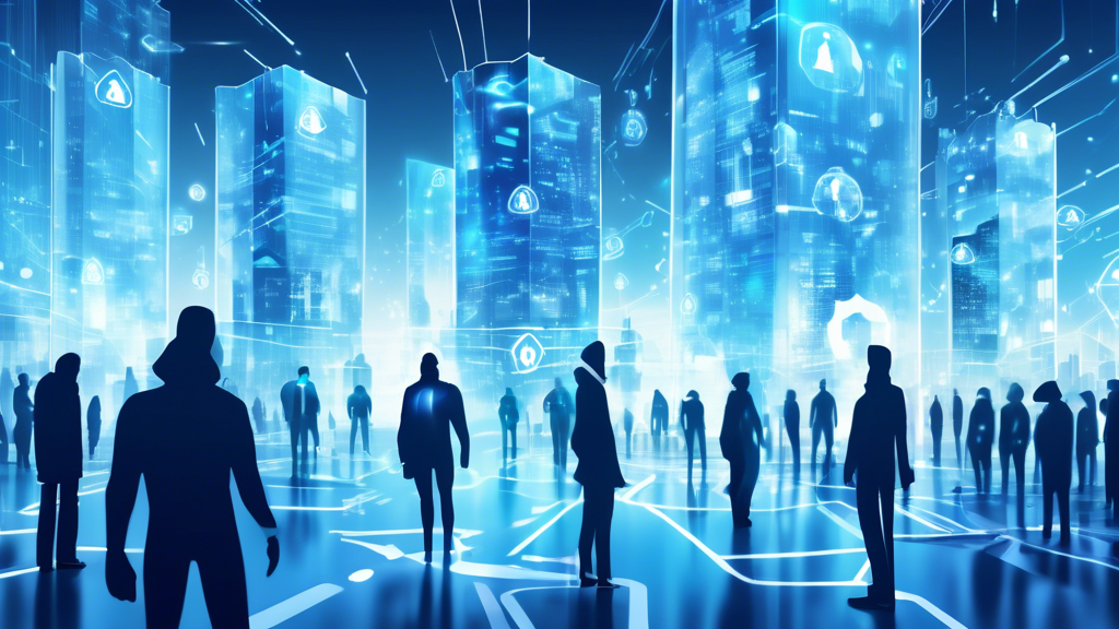 A digital illustration depicting a futuristic cityscape where individuals are surrounded by transparent shields with locks and data symbols, representing personal online security. In the background, there are cyber threats depicted as shadowy figures attempting to breach the shields, showcasing the importance of online private protection.