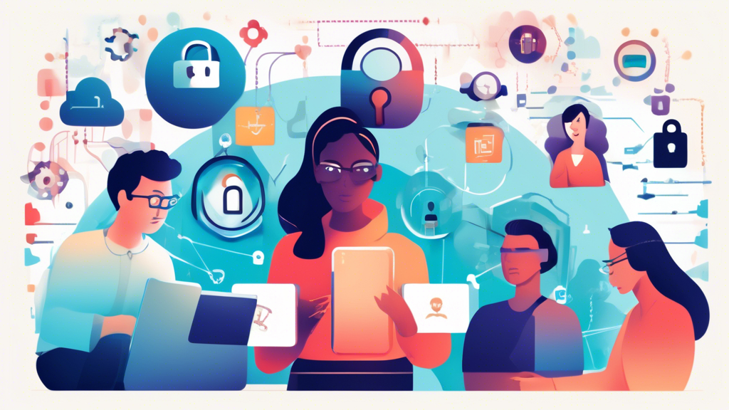 Create an image that illustrates the concept of protecting online privacy, showing a diverse group of people using various devices like smartphones, laptops, and tablets. Each person is surrounded by visual representations of security elements such as padlocks, keys, VPN shields, encrypted messages, two-factor authentication symbols, and privacy settings icons. The background features a softly blurred pattern of 1s and 0s, representing digital data, while ensuring a vibrant and positive atmosphere, highlighting awareness and proactive measures.