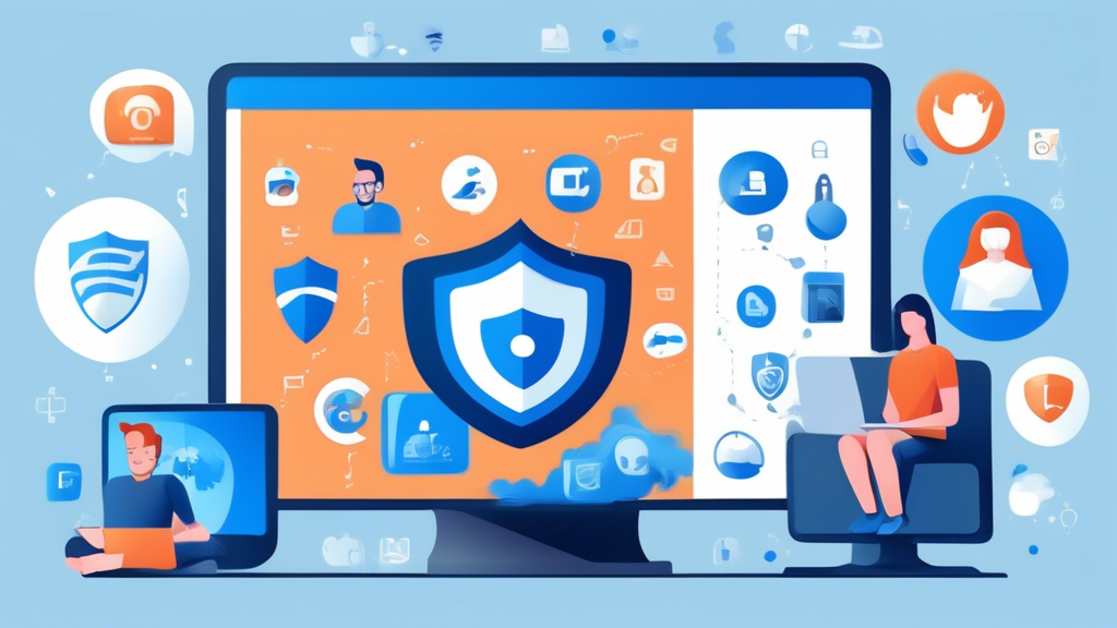 Create an image of a person using a laptop in a cozy home setting with various icons of internet privacy tools (like VPN, encrypted chat, firewall) floating around them. Display multiple internet privacy company logos in the background, and include a shield symbol to represent security and privacy.