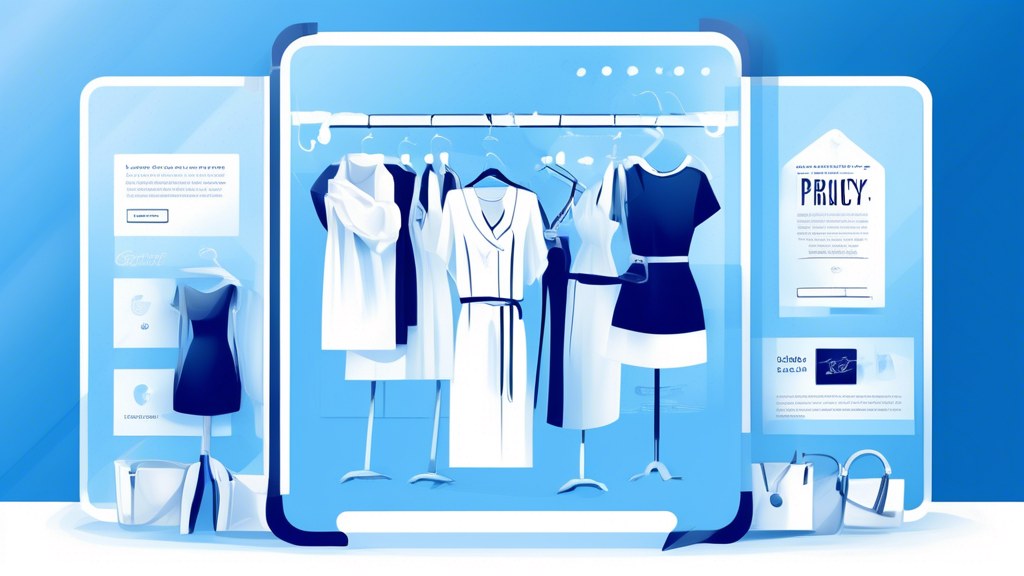 Create an illustration of a stylish online boutique website, featuring a clear and elegant privacy policy page. The background should include chic clothing racks and accessories, with a highlighted section displaying key privacy policy points such as data protection, user consent, and secure transactions. The design should be modern, professional, and inviting.