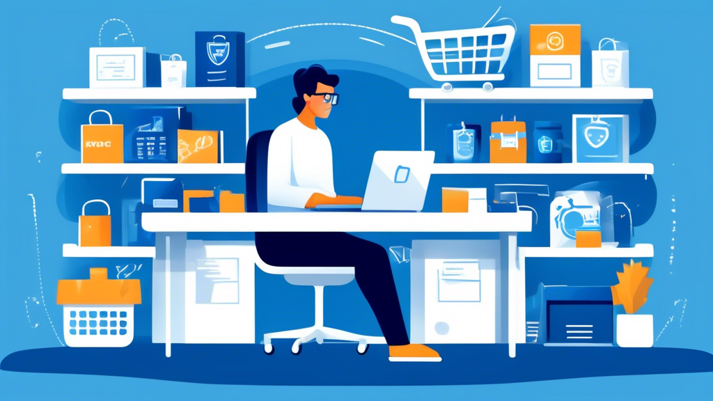 Create an image of a professional ecommerce store owner sitting at a modern desk, surrounded by elements like a laptop displaying a privacy policy webpage, shopping cart icon, lock and shield symbols, and legal documents. The background shows shelves with various product packages, enhancing the ecommerce atmosphere.