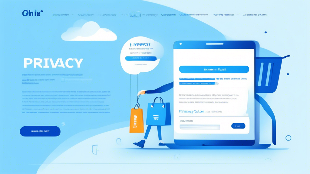 Illustrate a friendly and professional-looking online store webpage showcasing a prominent privacy policy section. Include visual elements like a lock icon, customer-friendly text, and a clean layout with distinct color contrasts. The background should have subtle e-commerce elements like a shopping cart, credit card, and customer support icons, emphasizing security and transparency.