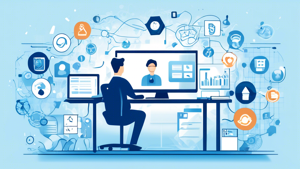 Illustration of a business owner drafting a comprehensive online privacy policy on their computer, surrounded by icons representing data security, user privacy, compliance, and transparency. The background features a modern, professional office setting with a soothing color scheme that inspires trust and confidence.