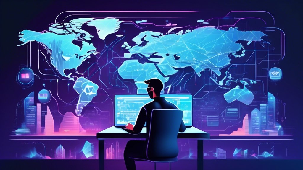 Create a detailed illustration of a futuristic digital landscape in 2023, featuring a person using a laptop with a virtual private network (VPN) shield icon prominently displayed on the screen. The background should include multiple layers of cybersecurity elements, such as digital padlocks, anonymous figures, encrypted data streams, and world maps highlighting global connections, signifying top-notch online privacy and protection.