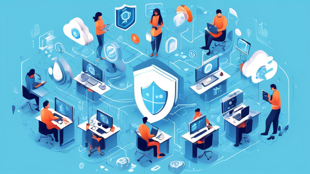 Create a detailed illustration of a diverse group of individuals working on computers and smartphones, all surrounded by a variety of digital security icons like shields, padlocks, and keyholes. Include elements such as encrypted data flows, secure login screens, two-factor authentication tokens, and cloud storage with secure access. The setting should be a modern, high-tech room with a calming color palette, emphasizing a safe and secure online environment.