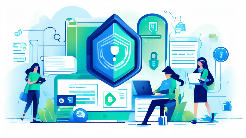 Create a detailed illustration depicting an online education platform, emphasizing data privacy. The scene should feature students engaging in virtual learning on their devices, surrounded by digital padlocks and shields symbolizing data protection. Include icons like secure servers, encrypted files, and a privacy policy document. Use a color scheme that conveys trust and security, such as blue and green tones.