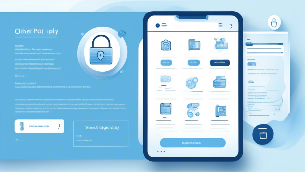 Create an image of a well-organized online shop interface featuring a prominently displayed privacy policy section. Include symbols of security, such as a lock icon, and illustrations of data elements like an email, password icon, and personal information icons. The background should portray a trustworthy and professional atmosphere with muted colors and modern design elements.