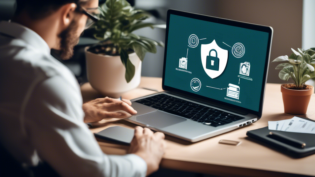 Create an image featuring a businessperson typing on a laptop in a modern office. The screen of the laptop shows a document titled Privacy Policy. Surrounding the person are icons of legal documents, checkmarks, padlocks, and a magnifying glass, symbolizing the thoroughness and security involved in creating an online business privacy policy. The background includes calming elements like potted plants and shelves with books titled Legal, Compliance, and Data Security.