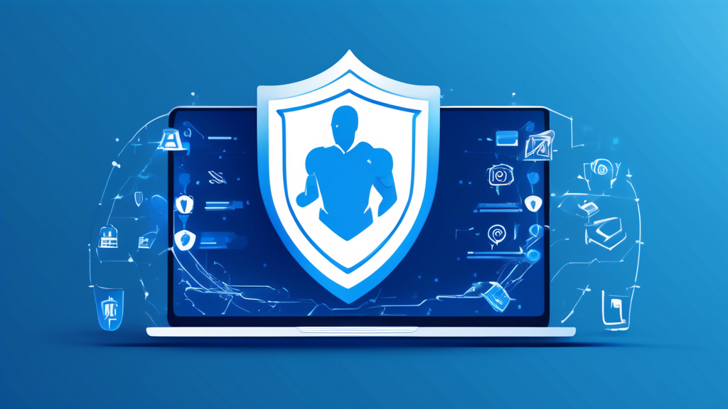 Create an image depicting a digital guardian in the form of a shield with the McAfee logo, standing in front of a computer and protecting a multitude of floating data symbols such as usernames, passwords, and personal information, symbolizing robust online privacy protection.