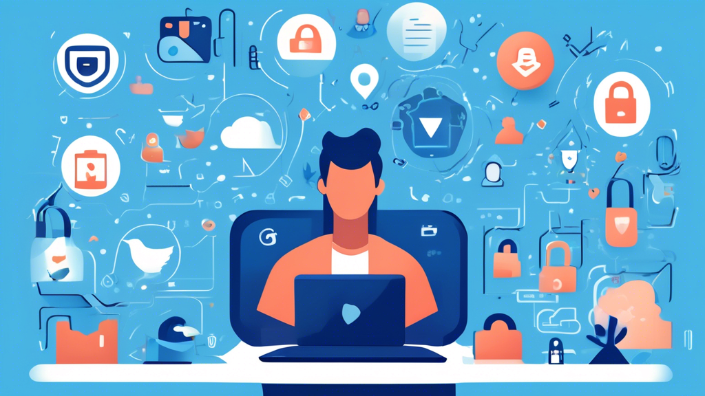 Create an image of a serene digital landscape where a character is confidently using a laptop with a shield icon on the screen, representing privacy. Around the character, show various icons symbolizing ad-free browsing, encryption, and blocked trackers. The background should be a calm blue with subtle patterns of locks and privacy symbols, illustrating the benefits of using a free private web browser.