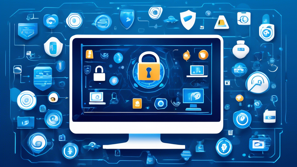 Create an image of a futuristic computer screen displaying a variety of icons representing top internet privacy software, such as VPNs, antivirus programs, and secure browsers. The background should feature a digital padlock and a shield symbol, indicating security and privacy. The scene should be sleek and modern, with a high-tech aesthetic.