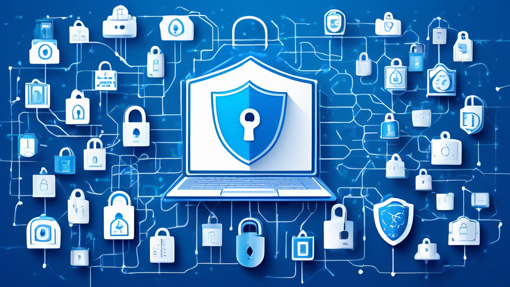 An intricate digital fortress symbolizing online privacy protection, featuring padlocks, VPN shields, and encrypted codes, with an abstract figure browsing securely on a laptop. The backdrop includes icons for various online privacy services like VPNs, password managers, and encrypted communication apps, all interconnected by a network of secure lines.