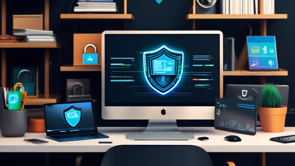 Create an image of a sleek, modern workspace featuring a laptop displaying a screen with various icons and logos representing top internet privacy software. Include elements like a shield, padlock, and fingerprint scanner on the laptop screen to signify security features. In the background, display a row of privacy-related software boxes on a shelf, with brand names and labels slightly altered to avoid trademark issues. The overall scene should convey a sense of protection, cutting-edge technology, and digital safety.