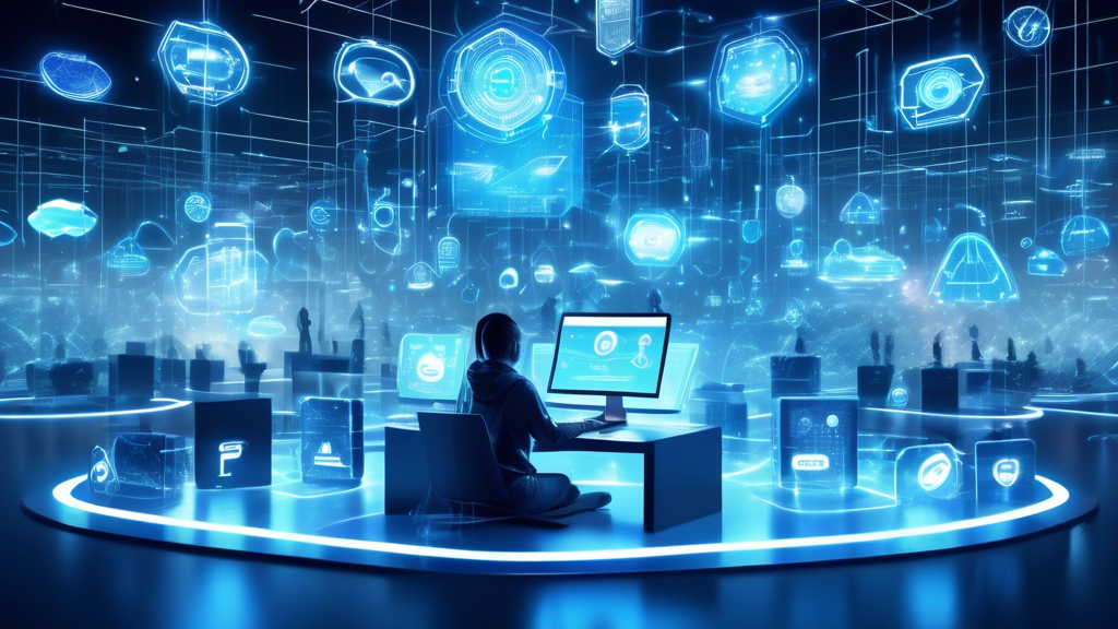 Create an image of a futuristic digital landscape with a person in a virtual environment surrounded by holographic shields, encrypted codes, and padlocks. The person is using multiple devices including a laptop, smartphone, and tablet, all displaying privacy protection icons. The background should feature secure cloud servers, VPN connectivity lines, and a virtual wall of defense.