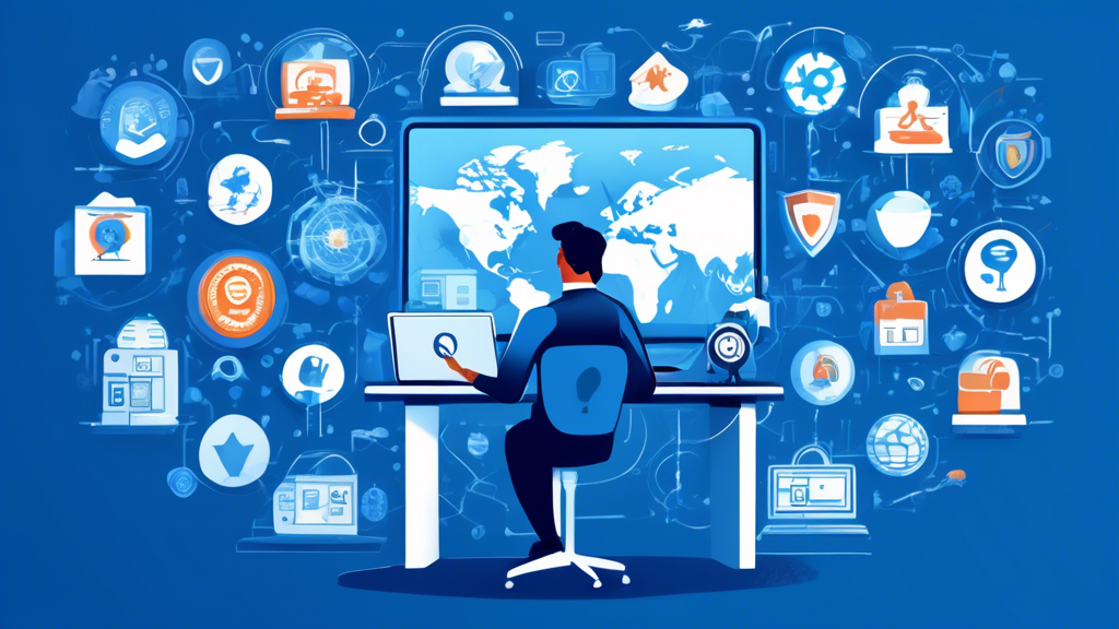 A digital illustration of a person sitting at a desk, surrounded by icons representing online privacy protection measures such as VPNs, strong passwords, secure browsers, two-factor authentication, and firewalls. The background shows a shield symbol encompassing a globe, highlighting the concept of global online security.